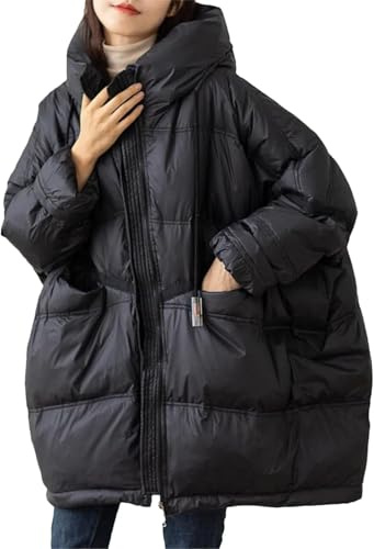 Suncadmious Parka caldo invernale casual da Donna con coulisse cappuccio giacca in piumino con cerniera antivento con cappuccio giacca in piumino lunga (Nero,L)