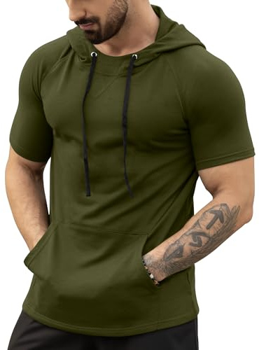 AIYINO Men's Short Sleeve Hoodie Workout Gym Sweatshirt Muscle Fit Fashion Athletic Hoodies Pullover Hooded T-Shirts L Army Green