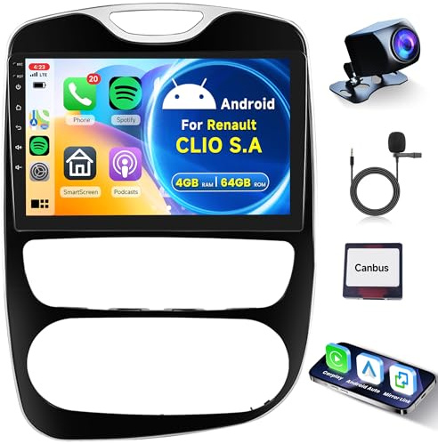 4G 64G Android Car Stereo for Renault CLIO S.A 2013-2018 with Wireless Carplay, Rimoody 10.1 Inch Touch Screen Car Radio with GPS Navigation Bluetooth FM RDS WiFi Android Auto Backup Camera