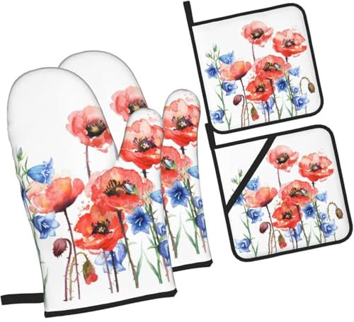 4 Pezzi Set Di Presine Da Cucina Red Poppy Flower Blue Bell Guanti Per Forno Da Cucina Impermeabili Divertenti Guanti Da Barbecue Per Cottura Al Forno, Cottura Al Forno, Cucina