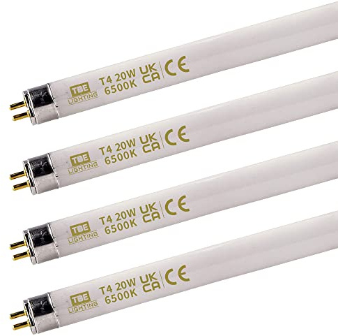 TBE LIGHTING T4 20w Fluorescent Tube Lamps 578mm - 4 Pack of CFL Bulbs - G5 2-Pin Base Fittings - T4 High Efficiency Lamps, Day Light White 6500K