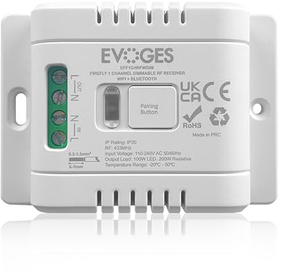 EVOGES Firefly 1 Channel RF Receiver, Dimmable or Non Dimmable Options, Smart (Wifi + Bluetooth) & Standard Relay Control Available (Smart RF Receiver (WIFI + Bluetooth) Dimmable)