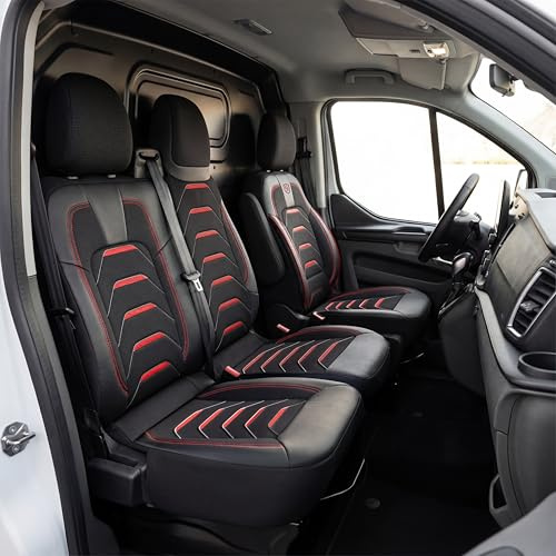 GIOVANNI BUTTI Autositzbezüge 2+1 für Renault Trafic 3, Opel Vivaro B 2014-2018, FIAT Talento 2016-2020 - Leinen/Schwarz-Rot - Vordersitz-Set (rechter Beifahrersitz geteilt)