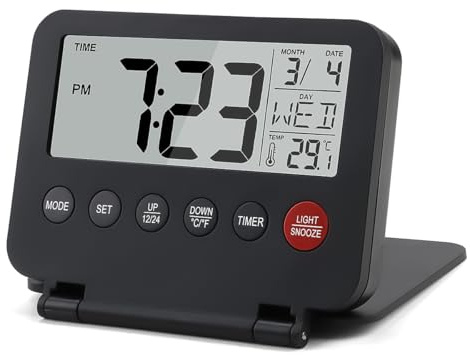 Hoite Reloj despertador digital de viaje, mini, portátil, con retroiluminación, función de repetición de 12-24 h, color negro, funciona con pilas, plegable, para viajes y dormitorio.