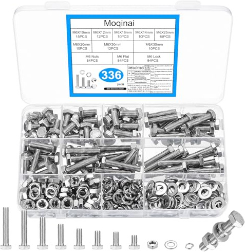 Moqinai 336 Stück M6 Edelstahl Sechskantschrauben Muttern Set,Maschinenschrauben Sortiment Metrische Gewindeschrauben Set, Schraubenset mit Unterlegscheiben Sets, Sechskant Schrauben mit Muttern(M6)