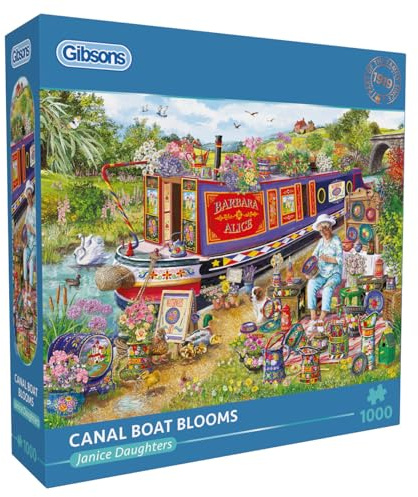 Gibsons Canal Boat Blooms 1000 Piece Jigsaw Puzzle for Adults – River Scene Artist's Artwork by Janice Daughters – Premium Sustainable Puzzle Made in the UK/EU - Great Gift