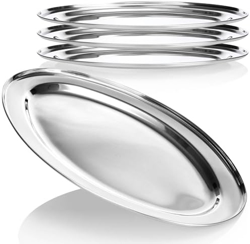com-four® Lot de 4 Plateaux de Service en Acier Inoxydable, Forme Ovale pour Servir et décorer, éléments décoratifs pour Mariages fêtes familiales (45 x 29 cm - 4 pièces)