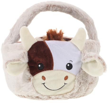 GALPADA Canasta de Pascua de Peluche de Vaca, Cesta de Dulces con Asa, Bolsa Suave y Ligera para Búsqueda de Huevos, Decoración Festiva Infantil, Almacenamiento Infantil