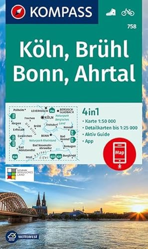 KOMPASS Wanderkarte Köln, Brühl, Bonn, Ahrtal: 4in1 Wanderkarte 1:50000 mit Aktiv Guide und Detailkarten inklusive Karte zur offline Verwendung in der ... (KOMPASS-Wanderkarten, Band 758)