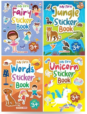 Sticker Books (Set of 4 Books) - Fairy, Jungle, Words, Unicorn - Activity Books for Kids - Stickers for Children - Age 3+ Years