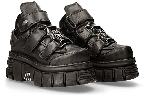 New Rock M.285-S37 Stivaletti Unisex in Vera Pelle Nera | Design Punk Gotico Rock | Zeppa 6 cm, Tacco 8 cm | Chiusura Autoaderente | Suola PU Ultra Resistente Collezione Metallic 39