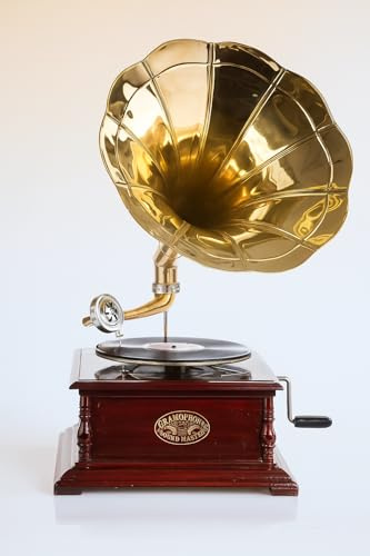 Trichter Grammophon „His Masters Voice“ – Vintage Musikgerät im Stil der 20er aus Holz & Messing, voll funktionsfähig mit Handkurbel, inkl. Schellackplatte & Ersatznadeln,Deko & Abspielgerät