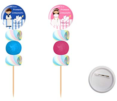 Lote de 30 Originales Brochetas de Golosinas Personalizables  Chapa Alfiler Comunión (A Elegir). Recuerdos. Juguetes y Regalos para Fiestas de Cumpleaños, Bodas, Bautizos y Comuniones.DC. (NIÑA)