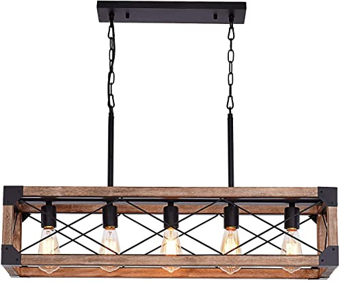 Airposta Kücheninselbeleuchtung, 84 cm, 5 Lichter, Bauernhaus, linearer Kronleuchter für Esszimmer, Billardtisch, Pendelleuchte, rustikale Holzmaserung, industrielle Pendelleuchte