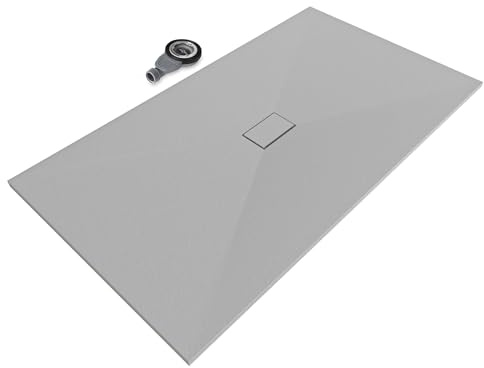 Moments of Glass SMC BOREAL Duschwanne 180x100 cm – extra flache Duschtasse (26 mm), rutschfest & robust, Schieferoptik, inkl. Ablaufgarnitur mit Deckel, Grau