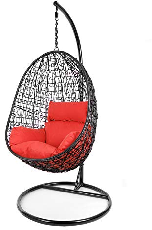 Kideo Komplettset: Hängesessel mit Gestell & Kissen, Poly-Rattan, Schaukel, Lounge (Gestell- und Korbfarbe: schwarz, Kissen: rot Nest (3050 Scarlet))