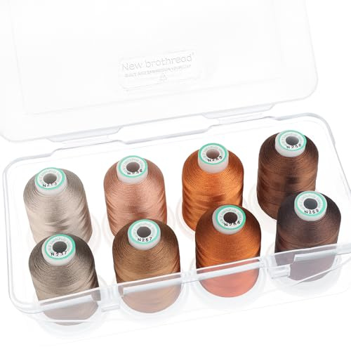 Ny brothread – 15 alternativ – 8 snäppspolar på 1 000 m varje polyestermaskinbroderitråd med genomskinlig plastförvaringslåda för broderi och quiltning – annorlunda brun