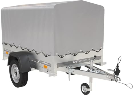 UNITRAILER Garden Trailer 201 Kipp – Anhänger Leichte mit Kippdeichsel, PKW Anhänger mit Stützrad und Hochplane mit Hochspriegel, Auto Anhänger, zul. Gesamtgewicht bis 750 kg