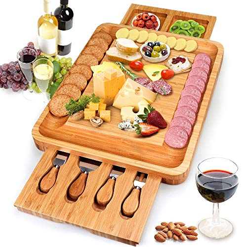 Käsebrett mit Käsemesser und 2 Schublade,Käseset aus Bambus, Käseplatte multifunktional, Käsemesserset, Käseschneidbrett, Käsebesteck,Servierplatte