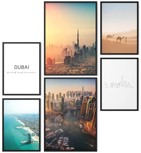 Papierschmiede® Mood Poster Set Dubai, Fertiges Bilder Set mit Rahmen (Holz, schwarz), Wohnzimmer Deko Schlafzimmer, 2x DIN A3 und 4x DIN A4, Arabische Emirate Skyline