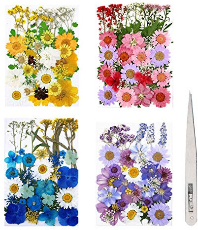 Fuyamp 131 Pcs Pressed Dried Flowers, Mixed Multiple Natural Flowers Leaves, Floral Art Craft with Tweezers for DIY Resin Pendant and Home Decorations