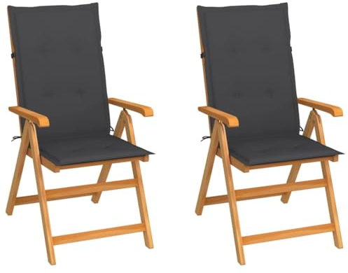 vidaXL 2X Teak Massiv Gartenstuhl mit Anthrazit Kissen Klappbar Hochlehner Klappstuhl Gartensessel Holzstuhl Stuhl Stühle Gartenstühle