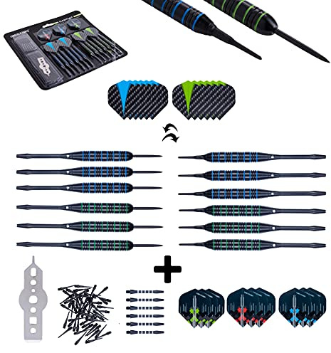 Engelhart - 065016 (062050) - Uppsättning av 12 konvertibla dart - 4 spelare - 18 g och 23 g softtip/steeltip dart - med extra tillbehör och multiverktyg