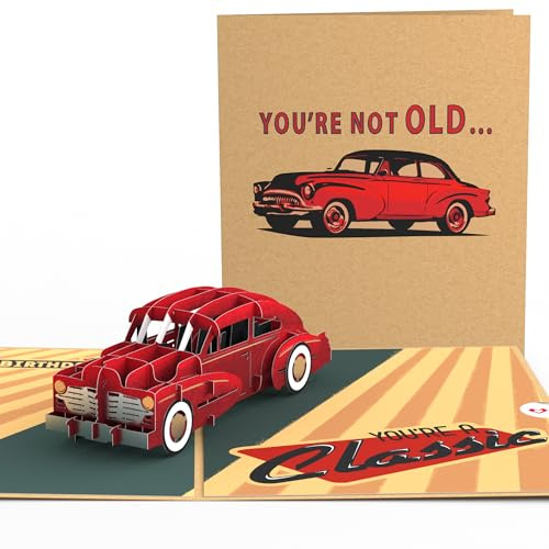 Lovepop® 3D Pop-Up Karte rotes Auto mit Oldtimer für Autoliebhaber | Besondere Geburtstagskarte für Vater, Sohn, Großvater & Autofans | inkl. Umschlag & Versteckfach für Geld