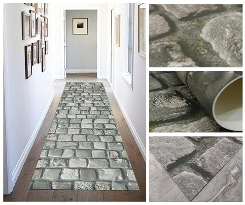 Tadi & Imperio1979, VINILOADOQUIN 02, Alfombra vinílica para salón, Cocina, Sala de Estar, entradas, baño o dormitorios con revés PVC Antideslizante diseño Digital de Piedras Grises beig con Musgo