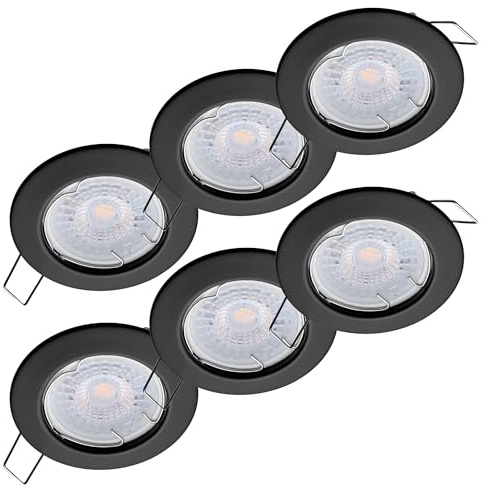 Oktaplex 6er Set Sedan LED Spots 230V Einbaustrahler 22mm Einbautiefe flach | Neutralweiß 4000K, Lochmaß 60mm, 4,8W, 380lm, 110° Spot Schwarz rund