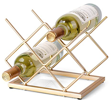 Drincarier Weinregal für 5 Flaschen, freistehend, modernes goldfarbenes Metall, kleines Weinregal – Tisch-Weinhalter für Schrank, Speisekammer, Weinflaschenaufbewahrung