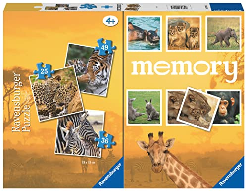 Ravensburger - Savana, Memory® 48 Karten + 3 Kinderpuzzles mit 25/36/49 Teilen, 4+ Jahre