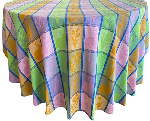 Home Bargains Plus Bunny Jubilee Easter Patchwork Woven Plaid Cotton Tablecloth, Pastel Easter Egg and Floral Plaid Woven Spring Fabric Tablecloth, 70” Round