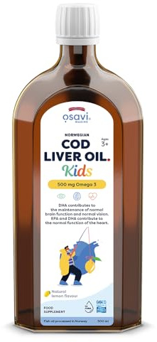 Osavi Norwegian Cod Liver Oil Kids – 500 ml | 500 mg Omega–3| Supports Brain Function, Vision, Heart Health, Immune System | Includes 135 µg Vitamin A | Lemon Flavour | Made in Norway