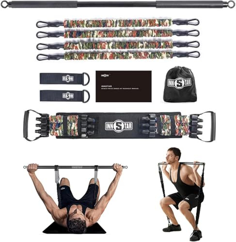 INNSTAR Portable Home Gym, Verstellbares Widerstandsband mit Stange und Kniebeugen-Bändern für Heimtraining, Bankdrücken Brusttrainer Resistance Band Set für Brust, Arm, Beintraining
