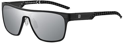DUCO Quadratische Polarisierte Sonnenbrille für Herren Sport Fahren Angeln Sonnenbrille Flat Top Shield Shades UV 400 Schutz DC8230 (Schwarz Rahmen Schwarz Tempel Silber Linse)