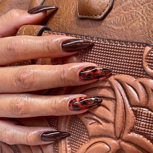 24pcs Medium Almond False Nails Dark Brown Red Stick on Nails Leopard Print Press on Nail Removable Acrylic Full Cover Glue on Fake Nail Art Accessories for Women