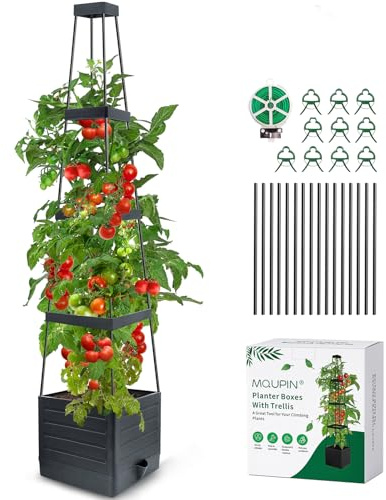 MQUPIN Lot de 1 Jardinière Surélevée avec Treillis,145cm Arrosage Automatique Jardiniere Tomate,Tuteur Tomate,pour Plantes grimpantes,Plantes grimpantes,Auto-arrosage,Support réglable pour Vigne