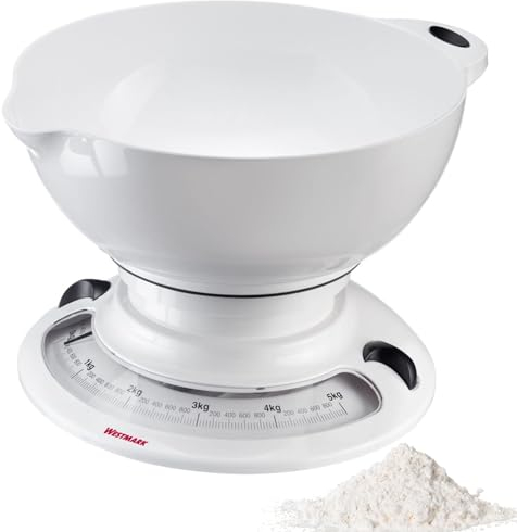 Westmark Küchenwaage mit Schüssel – Praktisches Set zum Abwiegen von Zutaten beim Backen oder Kochen, ineinander stapelbar, Rührschüssel 2,3 Liter, Waage weiß