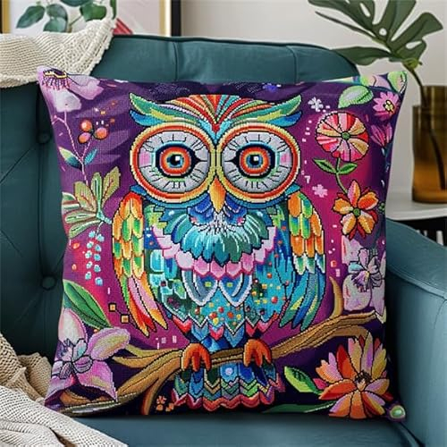 kitphoenix Latch Hook Kissen Kit Eule Knüpfkissen Set für Anfänger Erwachsene oder Kinder zum Selber Knüpfen, DIY Knüpfteppich Knüpfpackung, Knüpfhaken Set 43 x 43 cm