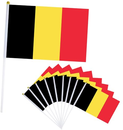 Lot de 10 Petits Drapeaux Belgique, 21x14cm Petit Drapeau Belgique avec Bâton en Plastique Mini Drapeau Belgium pour Eurovision Jardin Bar Euro Compétition Sportive,Coupe du Monde football Fêtes Décor