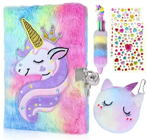GROFIS 4er Set Einhorn Plüsch Tagebuch mit Schloss, 160 Seiten Doppelseitiges Notizbuch A5 Liniert, Geheimes Journal mit Einhorn Geldbörse, Stift, Aufkleber, Geschenke für Mädchen Kinder