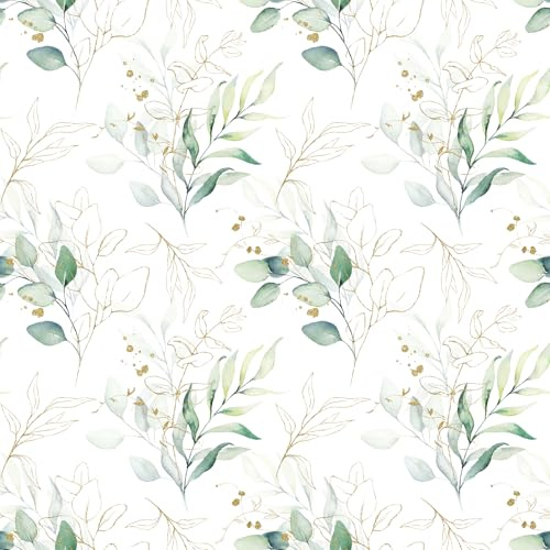 VEELIKE Papier peint à motif feuilles vertes et dorées - Papier peint bohème blanc floral botanique - Rouleau de papier peint à motif feuilles pour chambre à coucher, salle de bain, chambre d'enfant