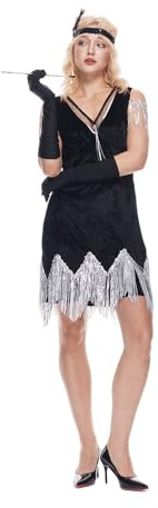 EraSpooky Aufwändiges Flapper Kostüm für Damen im Stil der 1920er Jahre Vintage Kleid mit Fransen für Erwachsene Federstirnband und Handschuhen L