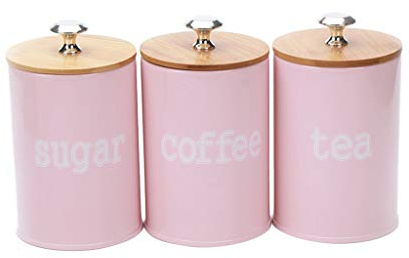 Juego de 3 recipientes de cocina con tapas herméticas de bambú para café, azúcar, té, especias y alimentos secos, metal mate crema