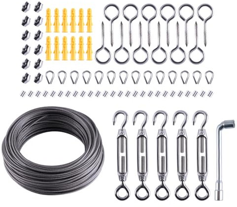 GIVIHGETI Stahlseil Kit, 40 m Verdickt 2 mm Edelstahl Drahtseil Rankhilfe Set, Spanndraht Seilspanner Spannschloss 304 Edelstahl Kit für Kletterpflanzen, Gardinenseil, Zaun, Hangen