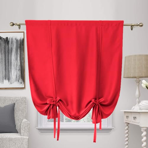 ZHhan Blackout Tie Up Curtain Thermal Insulated Tie Up Window Shade Bathroom Curtain Tie Up Shade for Small Window for Kitchen French Door Rod Pocket Panel, Red, W 55 x L 36, 1 Panels