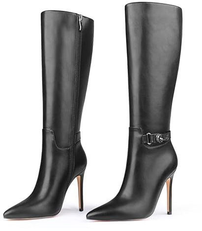 MERUMOTE Women's Black Knee High Boots Pointed Toe Buckle Zipper Stiletto Boots Black Matte US8.5