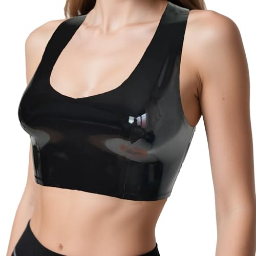 GREEFEI Latex linne till dam svart, party klubb korsett linne kort topp handgjorda kläder, svart, S