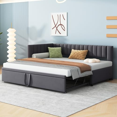 Oxtao Polsterbett Ausziehbares Schlafsofa 90/180 x 200 cm mit Lattenrosten, Tagesbett Samtstoff Bett Bettgestell Bettsofa Gästebett, Einzelbett/Doppelbett Samtstoff (Dunkelgrau)